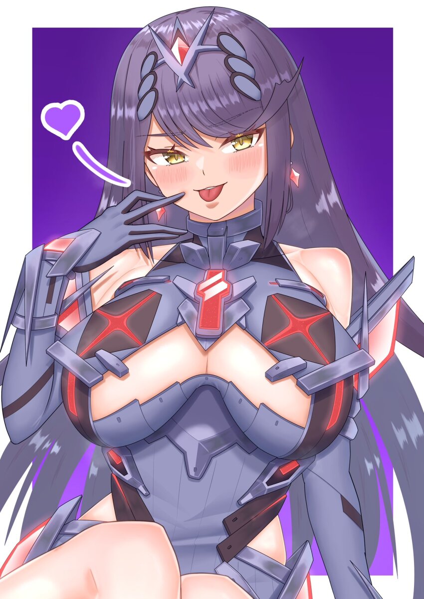 1girl alternate_color blush border breasts chest_jewel cleavage core_crystal_(xenoblade) cowboy_shot dress earrings grey_dress grey_hair heart highres jewelry large_breasts long_hair meipasuye mythra_(xenoblade) purple_background simple_background sitting solo tiara tongue tongue_out very_long_hair white_border xenoblade_chronicles_(series) xenoblade_chronicles_2 yellow_eyes