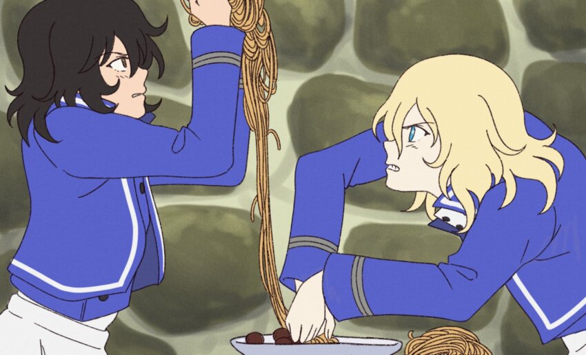 2girls andou_(girls_und_panzer) arsene_lupin_iii bc_freedom_military_uniform black_hair blonde_hair blue_eyes blue_jacket blue_sweater blue_vest brown_eyes castle_of_cagliostro clenched_teeth dark-skinned_female dark_skin dress_shirt food from_side girls_und_panzer girls_und_panzer_saishuushou highres jacket jigen_daisuke long_sleeves looking_at_another lupin_iii meatball medium_hair messy_hair mito_(mitotank) multiple_girls necktie oshida_(girls_und_panzer) parody pasta scene_reference shirt spaghetti spaghetti_and_meatballs striped_necktie sweater teeth vest white_shirt