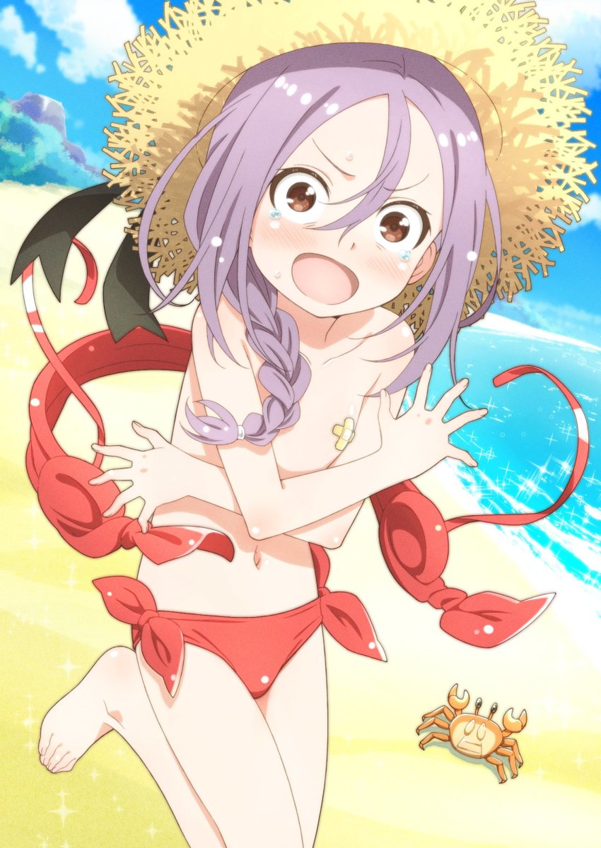 1girl bandaid bandaids_on_nipples bare_legs bare_shoulders barefoot beach bikini blush braid brown_eyes covering_privates covering_breasts crab crossed_arms embarrassed flat_chest forehead hair_between_eyes hat highres long_hair miyajima_hitoshi navel ocean open_mouth pasties purple_hair red_bikini sky solo soredemo_ayumu_wa_yosetekuru standing standing_on_one_leg straw_hat swimsuit tearing_up twin_braids wardrobe_malfunction yaotome_urushi