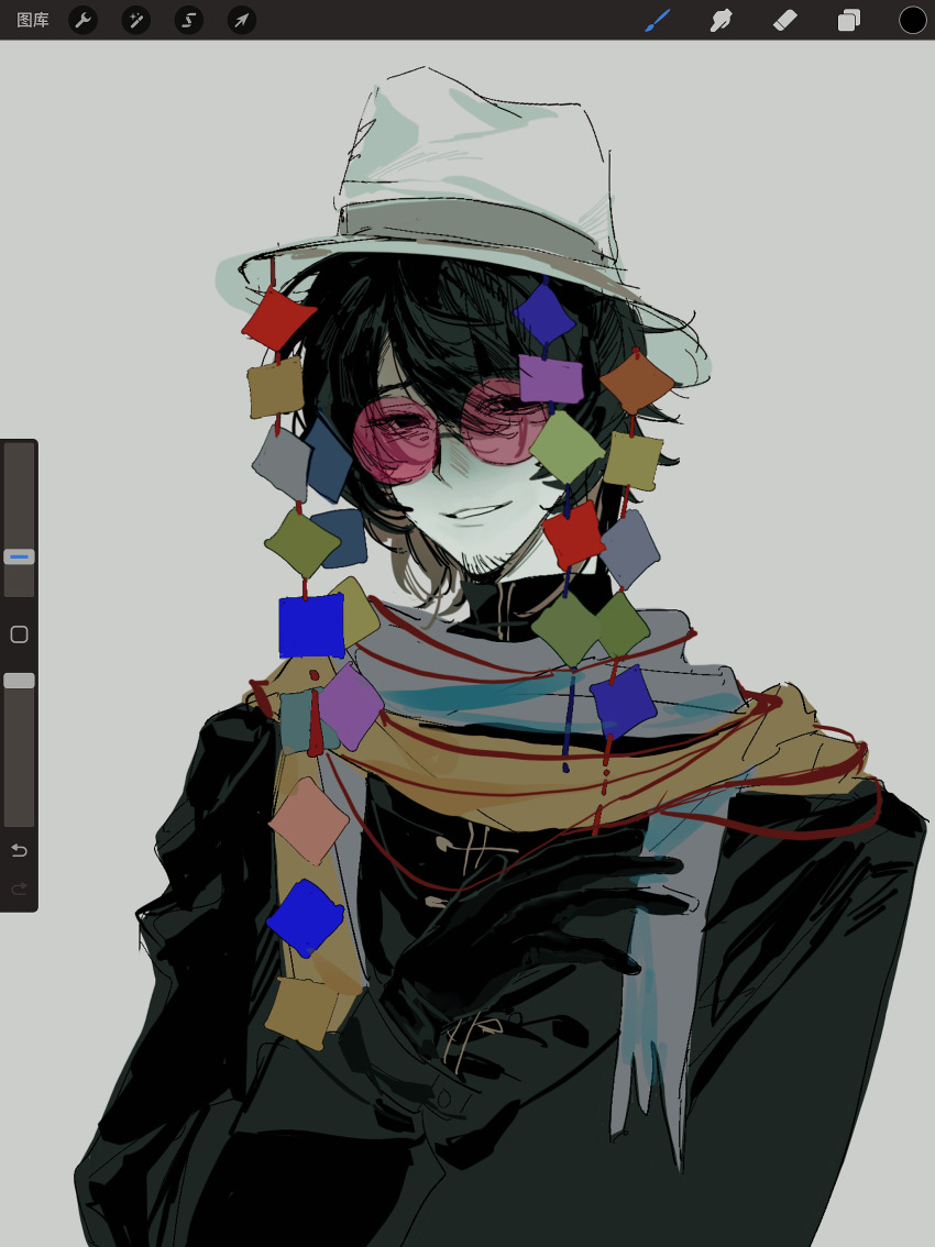 1boy absurdres art_program_in_frame black_eyes black_gloves black_hair black_jacket chinese_commentary commentary_request gloves grey_scarf hand_up hat highres huai_yunqing jacket long_sleeves male_focus multiple_scarves pink-tinted_eyewear procreate_(medium) procreate_(software) round_eyewear scarf short_hair simple_background solo taobi_xing tinted_eyewear touqi_guaitan upper_body white_background white_hat yellow_scarf