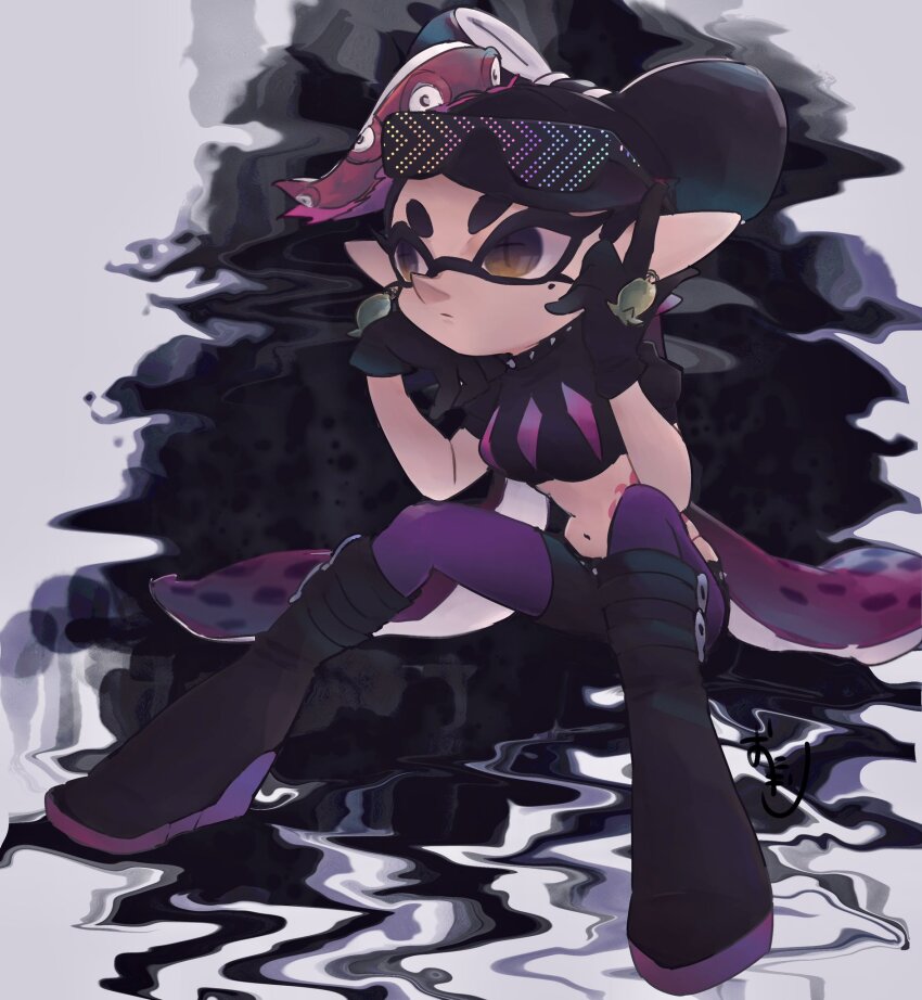 ankle_boots ankle_buckle belt black_background black_gloves black_hair black_shirt black_shorts boots bow bow-shaped_hair breasts callie_(octo_idol_outfit)_(splatoon) callie_(splatoon) collar cowlick crop_top earrings eye_mask eyelashes eyewear_on_head fish_(food) food food_on_head gloves gold_earrings gradient_hair hand_on_own_cheek hand_on_own_face hat high_heels highres hypnoshades_(splatoon) jewelry long_hair long_pointy_ears looking_to_the_side midriff mole mole_under_eye multicolored_hair navel nintendo object_on_head octopus_sashimi octopus_sausage_earrings octopus_tattoo official_alternate_costume okome_2g2g pale_skin panties panty_straps pantyhose pink_hair pink_hat pink_leaf pink_panties pink_shiso_leaf pink_tattoo pointy_ears puffy_short_sleeves puffy_sleeves sashimi shirt shoes short_eyebrows short_shorts short_sleeves shorts simple_background sitting small_breasts spiked_collar spiked_waistband spikes splatoon_(series) splatoon_2 spotted_hair star-shaped_pupils star_(symbol) stomach_tattoo studded_belt studded_collar suction_cups sunglasses swept_bangs symbol-shaped_pupils tattoo tentacle_hair thick_eyebrows twintails underwear very_long_hair wedge_heels white_background yellow_eyes