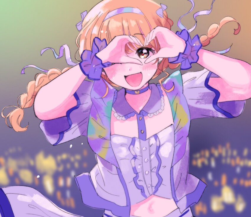 1girl blonde_hair blurry blurry_background blush braid center_frills choker crop_top cropped_jacket frilled_sailor_collar frilled_wristband frills fujita_kotone gakuen_idolmaster glowstick heart heart_hands heart_hands_over_eye highres idolmaster kokabu long_hair looking_at_viewer midriff navel purple_choker sailor_collar short_sleeves smile solo sweat twin_braids upper_body yellow_eyes