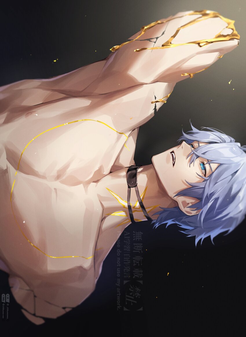 1boy absurdres armpits artist_name biceps black_background black_choker blue_eyes chikuwa_(dr0603) choker collarbone cracked_skin crossed_bangs grey_hair hair_between_eyes hashtag-only_commentary highres honkai:_star_rail honkai_(series) liquid_gold looking_to_the_side male_focus neck_tattoo nipples open_mouth parted_bangs pectorals phainon_(honkai:_star_rail) short_hair sideways solo sun_symbol sun_tattoo tan tattoo teeth topless_male twitter_username upper_body upper_teeth_only watermark