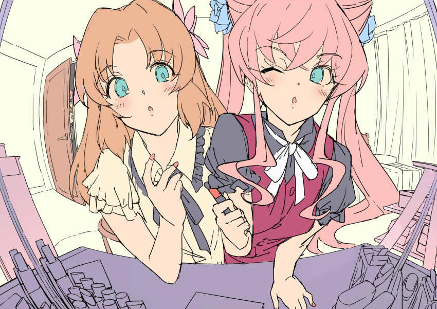 2girls :o ;o blonde_hair blue_eyes cosmetics curtains highres holding holding_lipstick_tube indoors lipstick_tube long_hair maria_cadenzavna_eve mokutan_mmmm multiple_girls non-web_source one_eye_closed open_mouth pink_hair senki_zesshou_symphogear upper_body