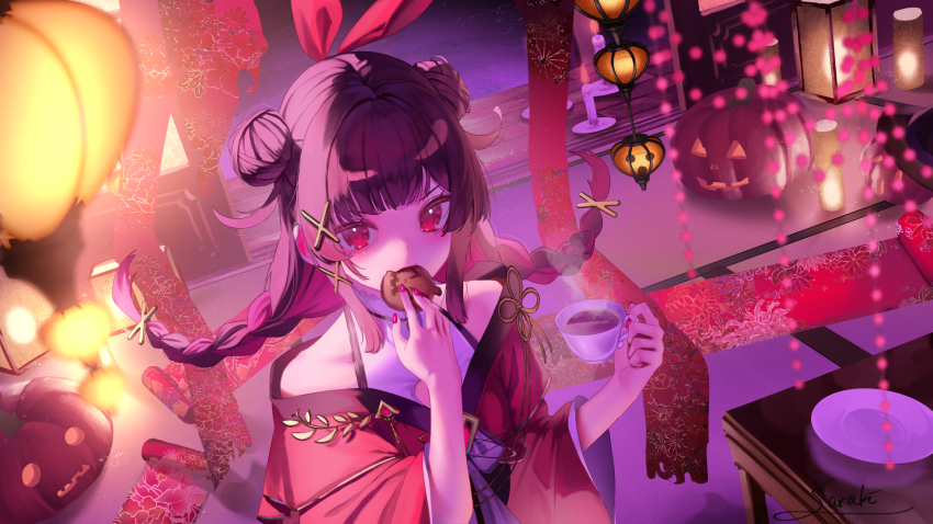 1girl braid brown_hair candle character_request commentary_request cookie cup double_bun fire food girls&#039;_frontline hair_bun hands_up highres holding holding_cup holding_food jack-o&#039;-lantern japanese_clothes kimono long_hair long_sleeves looking_at_viewer nail_polish off_shoulder original plate purple_nails red_eyes red_kimono saraki shirt signature sleeveless sleeveless_shirt solo steam table twin_braids twintails upper_body white_shirt wide_sleeves