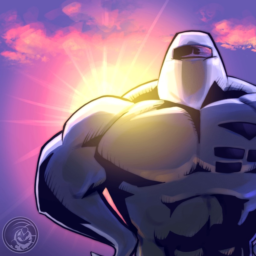 1boy cloud colored_skin day dc_comics dragonfetus1 grey_skin hand_on_own_hip highres looking_at_viewer meme mother_(series) muscular muscular_male nintendo outdoors purple_sky sky solo starman_(meme) starman_(mother) sun superman_(series)
