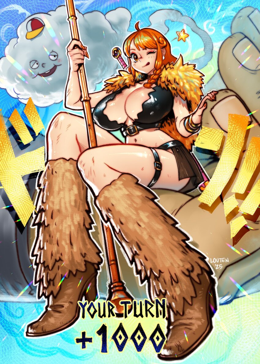 baseball_cap boots bracelet braid breasts brown_boots brown_eyes brown_skirt cape cleavage cleavage_cutout clima-tact clothing_cutout cloud crop_top eyeshadow fake_trading_card fingernails fur_cape fur_leg_warmers giant gold_bracelet half-closed_eyes hat high_heel_boots high_heels highres holding holding_staff in_palm jewelry large_hands leather leather_boots leg_warmers long_fingernails long_hair looking_at_viewer louten makeup midriff miniskirt multiple_bracelets nail_polish nami_(one_piece) navel numbered official_alternate_costume one_eye_closed one_piece open_mouth orange_eyeshadow orange_hair orange_nails out_of_frame outline second-party_source sharp_fingernails sheath sheathed single_braid sitting skirt smile sound_effects staff star_(symbol) sword sword_on_back thigh_strap tongue tongue_out weapon weapon_on_back white_outline zeus_(one_piece)