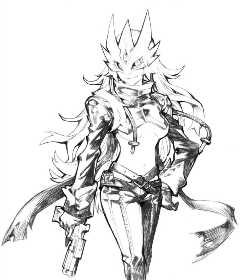 1girl beelstarmon breasts coat cowboy_shot crop_top digimon digimon_(creature) eye_mask fang gun henrymagenta highres holding holding_gun holding_weapon long_hair medium_breasts monochrome open_clothes open_coat pants simple_background solo third_eye trigger_discipline underboob weapon white_background