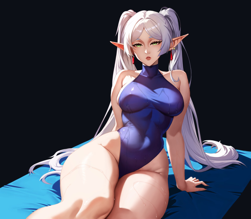 1girl absurdres bare_legs bare_shoulders black_background breasts commentary covered_navel earrings elf feet_out_of_frame frieren green_eyes halter_leotard halterneck high_ponytail highres jewelry large_breasts leaning_back legs leotard long_hair looking_at_viewer out_of_frame parted_bangs pointy_ears ponytail sidelocks sitting solo thick_eyebrows thick_thighs thighs twintails upper_body very_long_hair walid_zouirech wet wet_clothes white_hair