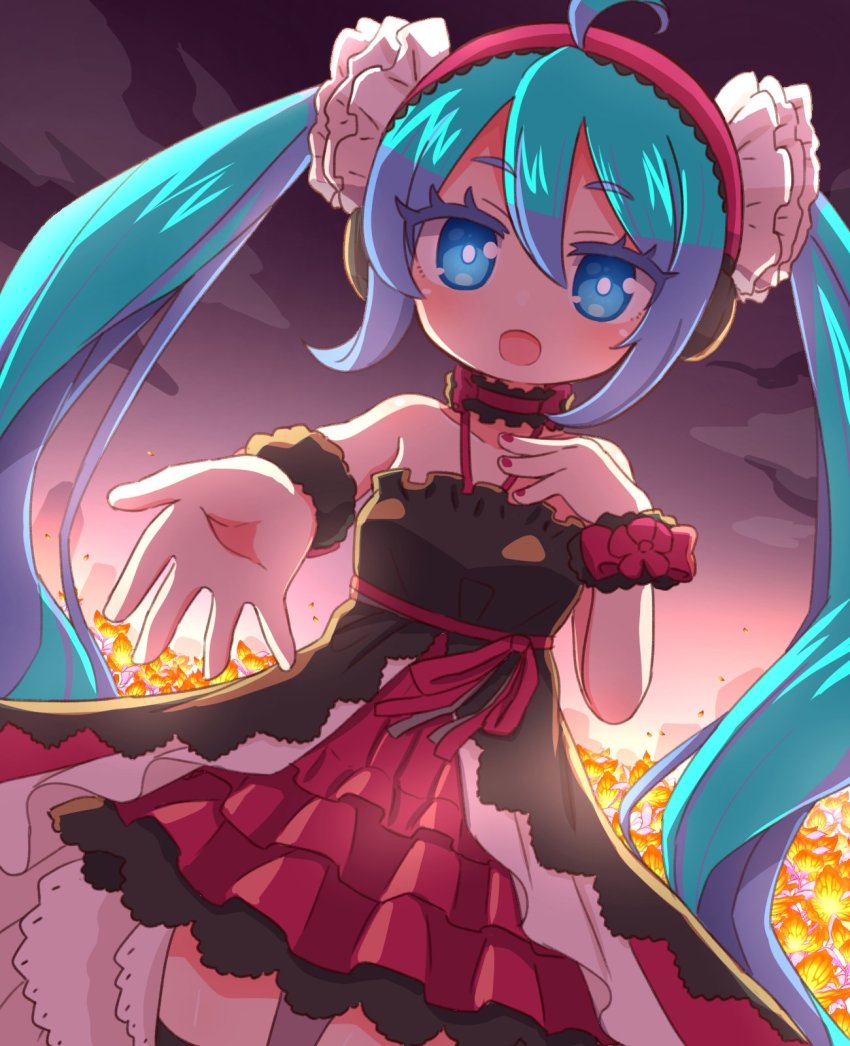 1girl 7th_dragon_(series) 7th_dragon_2020 7th_dragon_2020-ii :d ahoge bare_shoulders black_dress blue_eyes blue_hair cloud commentary_request dress floro_(7th_dragon) flower hair_between_eyes hairband halterneck hand_up hatsune_miku highres layered_dress long_hair naga_u nail_polish open_mouth orange_flower outdoors outstretched_arm pleated_dress red_hairband red_nails sky smile solo twintails very_long_hair vocaloid wrist_cuffs