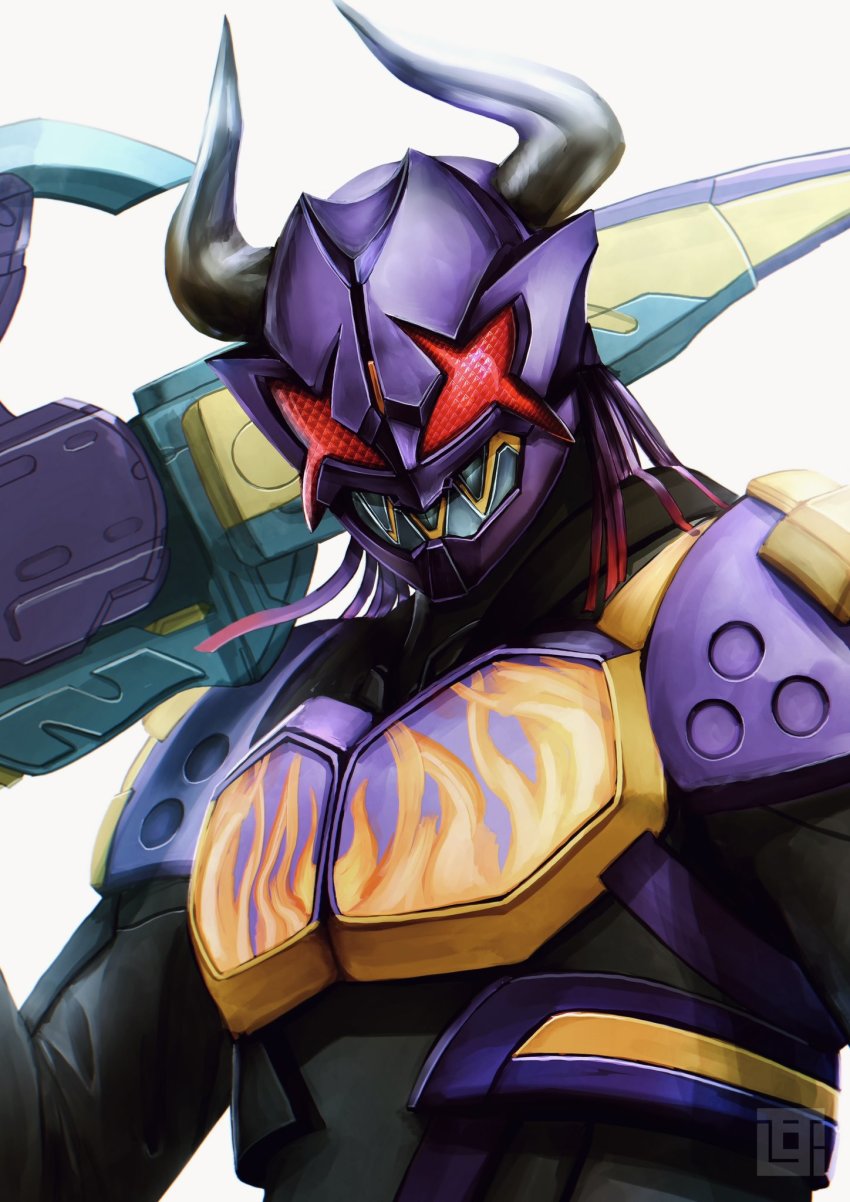 1boy adapted_costume alternate_costume alternate_eye_color armor artist_logo breastplate buffalo fire flame_print highres holding holding_sword holding_weapon kamen_rider kamen_rider_buffa kamen_rider_geats_(series) kamen_rider_revi kamen_rider_revice kozsen_810290 logo revicelasher sharp_teeth shoulder_armor sword teeth upper_body volcano volcano_rex weapon white_background