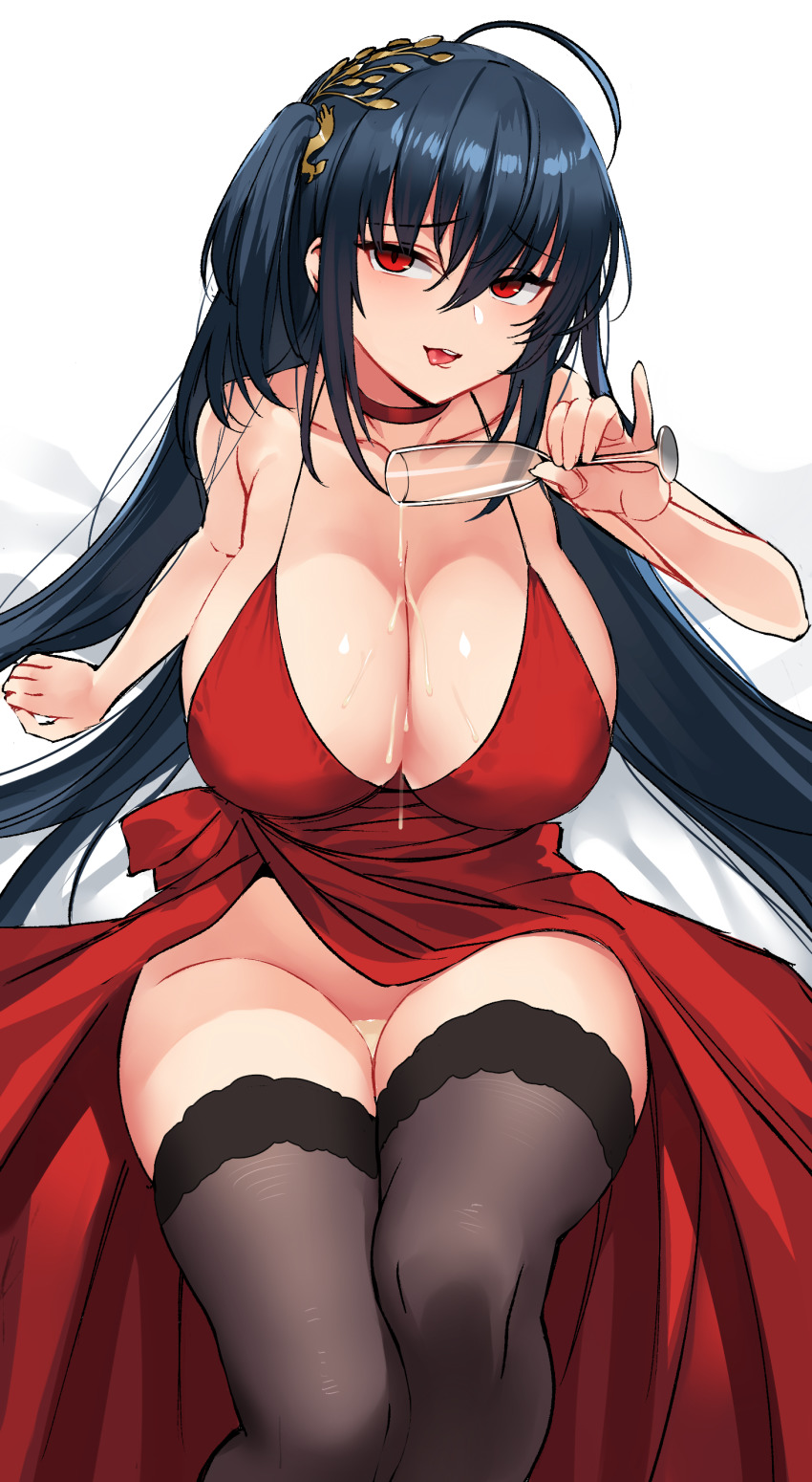 1girl absurdres ahoge arm_support azur_lane bad_id bad_pixiv_id bare_shoulders black_hair black_thighhighs blush breasts choker cleavage cocktail_dress collarbone commentary dress female_focus hair_between_eyes hair_ornament highres large_breasts long_hair looking_at_viewer ndgd no_panties official_alternate_costume one_side_up pouring pouring_onto_self red_choker red_dress red_eyes simple_background sitting smile solo taihou_(azur_lane) taihou_(forbidden_fruit)_(azur_lane) thighhighs tongue tongue_out very_long_hair wakamezake white_background