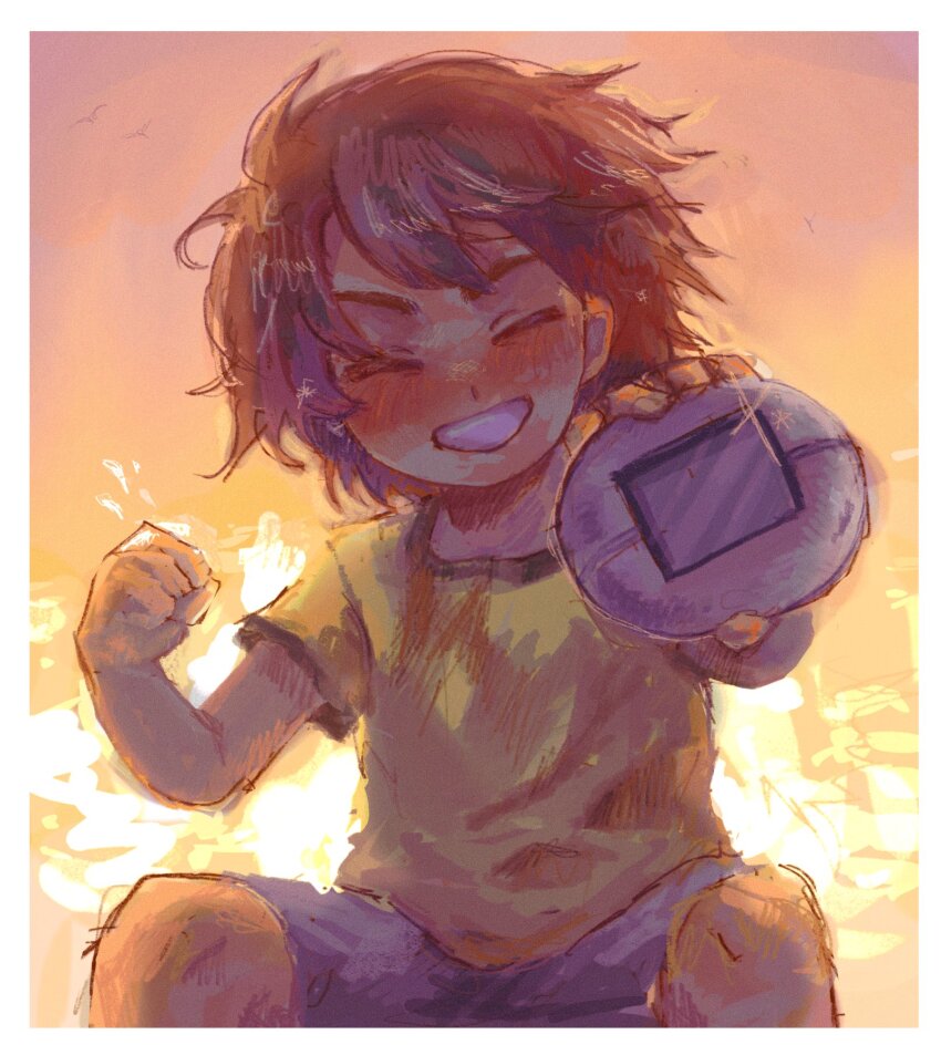 1boy blush brown_hair closed_eyes dark-skinned_male dark_skin grey_shorts grin highres kel_(faraway)_(omori) kel_(omori) nat_omogu omori parted_lips shirt short_hair short_sleeves shorts sitting smile solo t-shirt teeth yellow_shirt