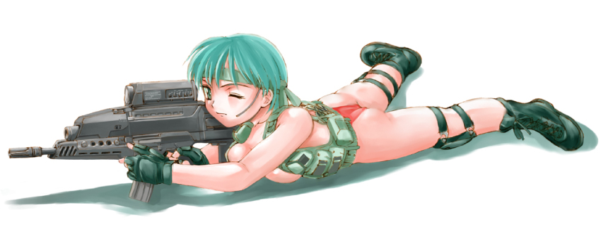 1girl aiming airburst_grenade_launcher alliant_techsystems ass assault_rifle bandana bikini boots breasts bulletproof_vest bullpup carbine cleavage combat_boots computerized_scope contraves_brashear_systems female_focus fingerless_gloves gloves green_eyes green_hair grenade_launcher gun heckler_&amp;_koch holding holding_gun holding_weapon huge_weapon l-3_communications_corporation l3_technologies long_gun lying military_program mizuyoukan_(norad) modular_weapon_system mokomoko_(robocop) multi-weapon multiple-barrel_gun night-vision_device objective_individual_combat_weapon_(military_program) objective_infantry_combat_weapon_(military_program) one_eye_closed original precision-guided_firearm prototype_design revealing_clothes rifle scope selectable_assault_battle_rifle_(military_program) semi-automatic_grenade_launcher short-barreled_rifle sight_(weapon) smart_scope solo swimsuit telescopic_sight thermal_weapon_sight transforming_weapon under-barrel_configuration underbarrel_assault_rifle underbarrel_rifle weapon wedgie white_background xm104_(smart_scope) xm29_oicw