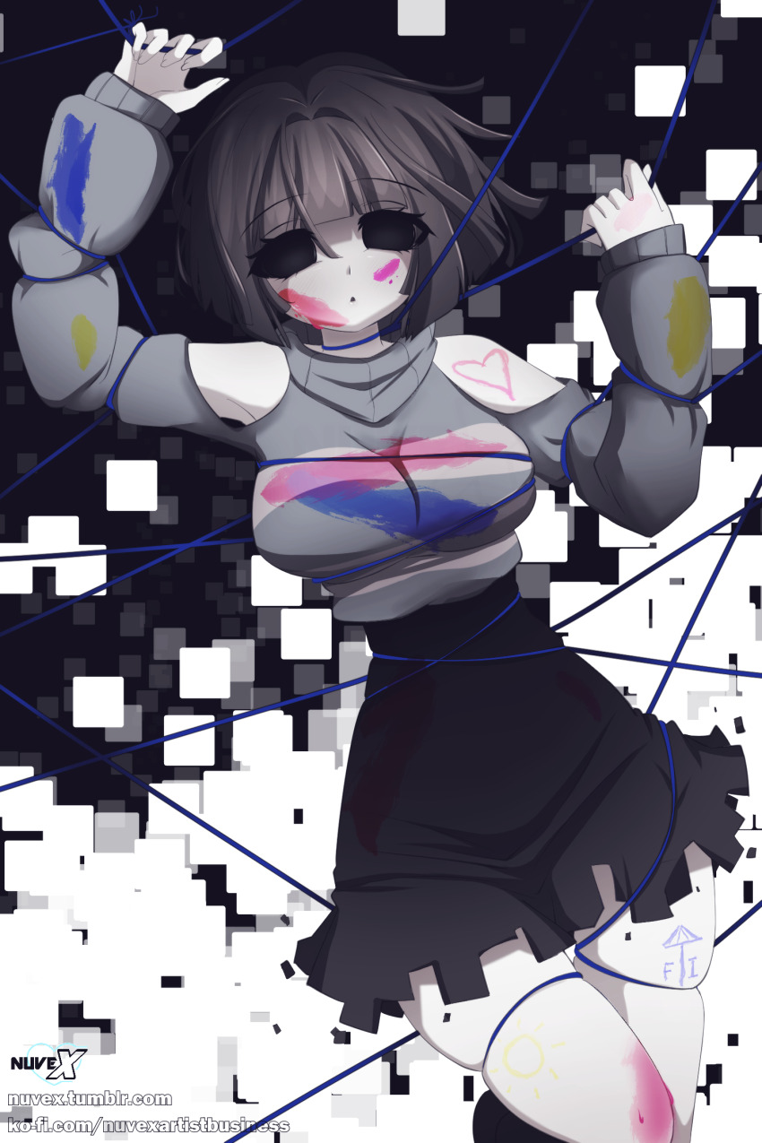 1girl adapted_costume aged_up alternate_universe bare_shoulders black_background black_skirt blunt_bangs bound breasts clothing_cutout colored_skin commentary core_frisk cowboy_shot english_commentary frisk_(undertale) genderswap genderswap_(otf) grey_hair grey_sweater high-waist_skirt highres hollow_eyes ko-fi_username large_breasts long_sleeves miniskirt nuvex paint_on_body paint_on_clothes puffy_long_sleeves puffy_sleeves short_hair shoulder_cutout simple_background skindentation skirt sleeves_past_wrists solo striped_clothes striped_sweater sweater sweater_tucked_in tied_up_(nonsexual) tumblr_username turtleneck turtleneck_sweater undertale watermark web_address white_background white_skin