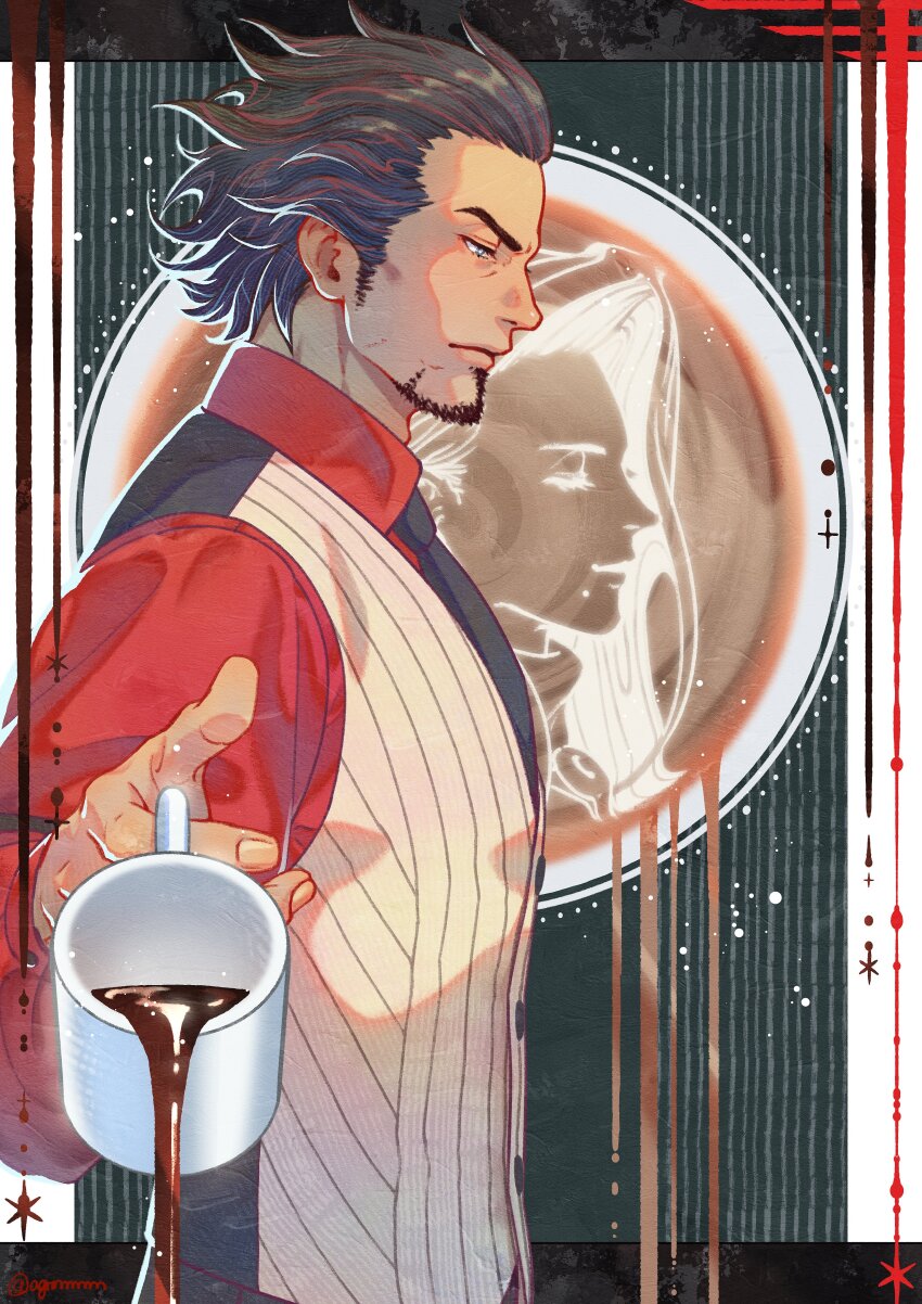 1boy absurdres ace_attorney black_necktie brown_hair closed_mouth coffee_mug collared_shirt cup diego_armando facial_hair from_side hasekou_g highres holding holding_cup latte_art long_sleeves male_focus mia_fey mug necktie profile red_shirt shirt short_hair sideburns smile solo spilling stubble upper_body vest white_vest