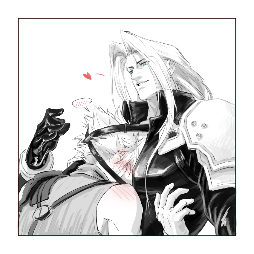 2boys absurdres armor between_pectorals black_gloves blush chest_strap cloud_strife final_fantasy final_fantasy_vii gloves green_eyes head_on_chest heart highres long_hair looking_at_another male_focus mu_wen_jie multiple_boys pauldrons pectorals sephiroth short_hair shoulder_armor shoulder_blush slit_pupils spiked_hair yaoi