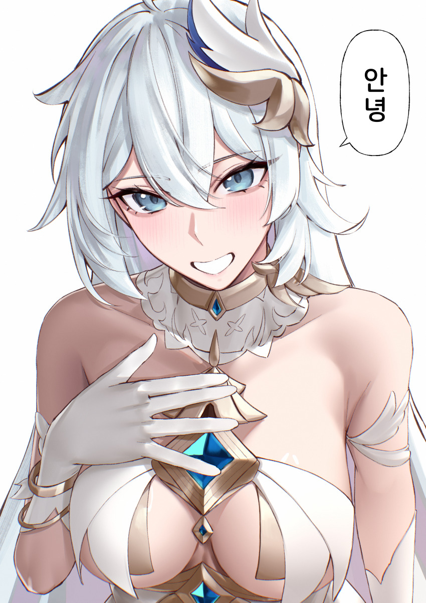 1girl absurdres bare_shoulders benghuai_xueyuan blue_eyes breasts commentary_request dress gloves hand_on_own_chest highres honkai_(series) kiana_kaslana korean_commentary korean_text large_breasts long_hair looking_at_viewer pyeong_il smile solo speech_bubble translation_request upper_body very_long_hair white_dress white_gloves