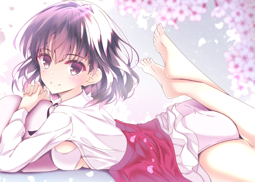 1girl absurdres ass barefoot black_hair black_ribbon blurry blush bra breasts brown_eyes cherry_blossoms closed_mouth clothes_lift collared_shirt commentary_request depth_of_field falling_petals feet floating_hair from_side grey_background hair_between_eyes highres hugging_object interlocked_fingers katou_megumi knees_out_of_frame long_sleeves looking_at_viewer lying medium_breasts medium_hair neck_ribbon on_stomach own_hands_together panties petals pillow pillow_hug red_skirt ribbon saenai_heroine_no_sodatekata shirt simple_background skirt skirt_lift smile soles solo split_mouth sukonbu385 the_pose toes underwear white_bra white_panties white_shirt