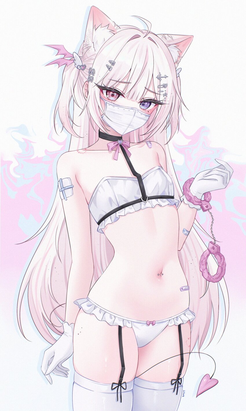 1girl absurdres ahoge animal_ear_fluff animal_ears bandaid bandaid_on_arm bandaid_on_shoulder bandaid_on_stomach bandeau bite_mark bite_mark_on_shoulder bite_mark_on_thigh black_choker bow bow_panties cat_ears choker commentary covered_mouth cowboy_shot cross_hair_ornament cuffs demon_tail flat_chest frilled_panties frills fuzzy_handcuffs garter_straps gauze gauze_on_arm gloves hair_ornament hairclip hand_up handcuffs heterochromia highres legs_together long_hair looking_at_viewer mask mole mole_under_eye mouth_mask navel navel_piercing original panties piercing pink_bow pink_eyes pink_hair purple_eyes solo standing star_(symbol) star_hair_ornament stomach stomach_day symbol-only_commentary tail thighhighs two_side_up underwear very_long_hair white_bandeau white_gloves white_mask white_panties white_thighhighs wing_hair_ornament zxcsque