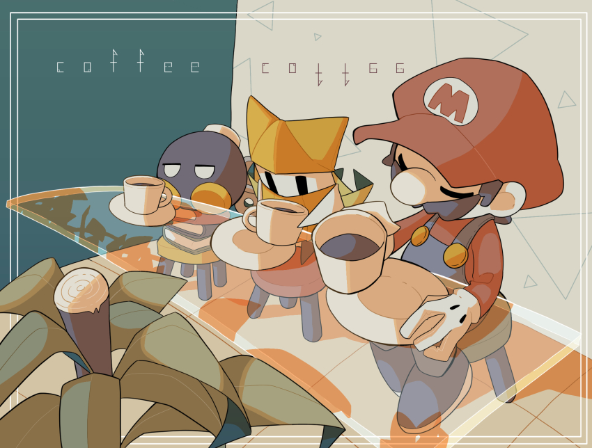 1boy 1girl big_nose black_eyes blonde_hair blue_overalls bobby_(paper_mario) bomb book book_stack brown_hair brown_shoes buttons newsboy_cap cafe closed_eyes coffee commentary_request cup drink drinking english_text explosive expressionless facial_hair full_body glass_table gloves half-closed_eyes hand_on_table hat height_difference highres holding holding_drink indoors kanilemon long_hair long_sleeves looking_at_food mario mario_(series) mug mustache nintendo olivia_(paper_mario) on_book on_stool origami overalls paper_mario paper_mario:_the_origami_king plant potted_plant red_hat red_shirt saucer shadow shirt shoes short_hair sitting sitting_on_books solid_oval_eyes table tile_floor tiles white_eyes white_gloves winding_key yellow_hat yellow_shirt yellow_shoes