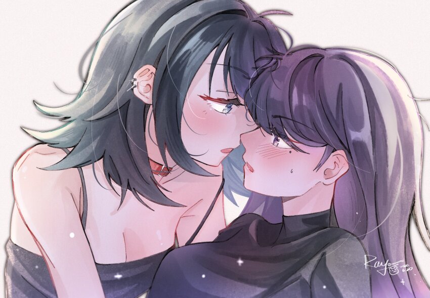 2girls bang_dream! bang_dream!_it&#039;s_mygo!!!!! black_camisole black_hair black_shirt blue_eyes blush breasts brown_hair camisole cleavage collar ear_piercing highres long_hair mole mole_under_eye multiple_girls parted_lips piercing purple_eyes red_collar shiina_taki shirt signature solo sweatdrop white_background yahata_umiri yoyoray20001996 yuri