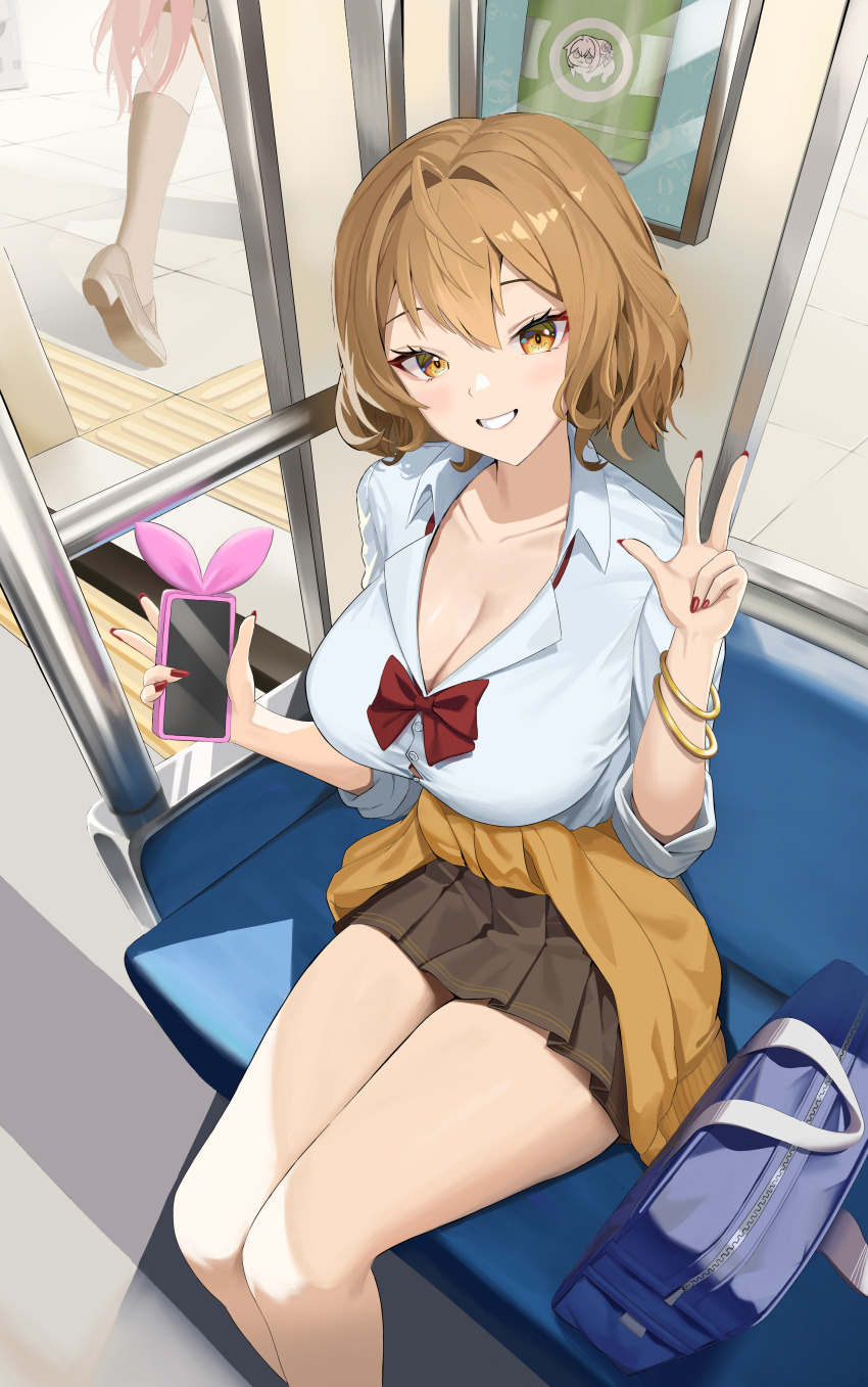 2girls absurdres ahoge anis_(nikke) bag black_skirt bow bowtie bracelet breasts brown_eyes brown_hair cellphone cleavage clothes_around_waist collarbone doro_(nikke) goddess_of_victory:_nikke gold_bracelet grin gyaru highres holding holding_phone jacket jacket_around_waist jewelry large_breasts looking_at_viewer miniskirt multiple_girls phone rapi_(nikke) red_bow red_bowtie red_nails school_bag school_uniform serafuku shirt short_hair sitting skirt smartphone smile solo_focus thighs train_interior w white_shirt yeongae1211