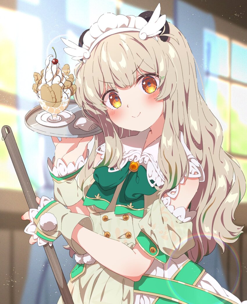 1girl akizuki_rito amatsuna_sasaha blurry blurry_background blush breasts brown_eyes clothing_cutout commentary_request curtains desert feather_hair_ornament feathers food hair_ornament highres indie_virtual_youtuber light_brown_hair long_hair looking_at_viewer maid_headdress medium_breasts ribbon shoulder_cutout smile solo tray virtual_youtuber window