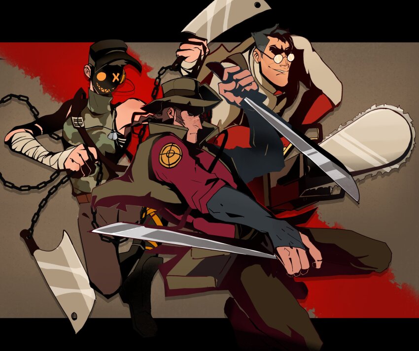 3boys adapted_costume baseball_cap black_hair braid bridal_gauntlets brown_hair camouflage camouflage_shirt chain chainsaw cleaver crossover glasses grey_hair gun hand_wraps hat headset highres holding holding_weapon machete male_focus mask medic_(tf2) multiple_boys opaque_glasses red_medic_(tf2) red_scout_(tf2) red_sniper_(tf2) reverse_grip rifle round_eyewear scout_(tf2) sev_(consultyourdr) shadow_fight_2 shirt single_braid sleeveless sleeveless_turtleneck sniper_(tf2) sniper_rifle sunglasses team_fortress_2 turtleneck vest weapon