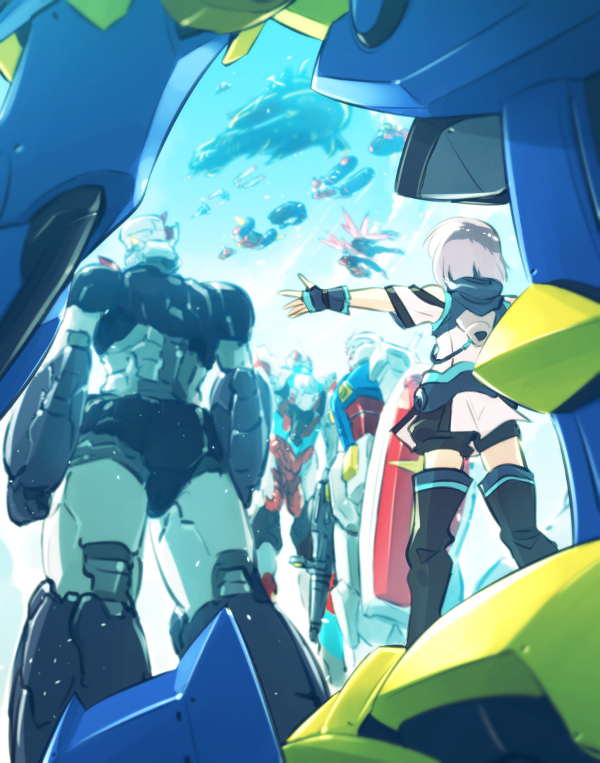 1boy absurdres annotated beam_rifle blue_gloves choudenji_robo_combattler_v code_geass code_geass:_fukkatsu_no_lelouch combattler_v_(robot) commentary core_fighter crossover dreistreger energy_gun energy_wings ernesti_echevalier fingerless_gloves flying gattai gloves gridman_(ssss) gridman_universe gun gundam guren_(code_geass) guren_type_special highres holding holding_gun holding_weapon hood hoodie ikaruga_(knight&#039;s_&amp;_magic) kato_takuji knight&#039;s_&amp;_magic knightmare_frame mazinger_(series) mazinger_z mazinger_z:_infinity mazinger_z_(mecha) mecha mobile_suit mobile_suit_gundam multiple_crossover open_hands outstretched_arms robot rx-78-2_gundam science_fiction sleeveless sleeveless_hoodie spacecraft ssss.gridman super_robot super_robot_wars super_robot_wars_30 v-fin v_gundam weapon white_hoodie zeta_gundam_(mobile_suit)