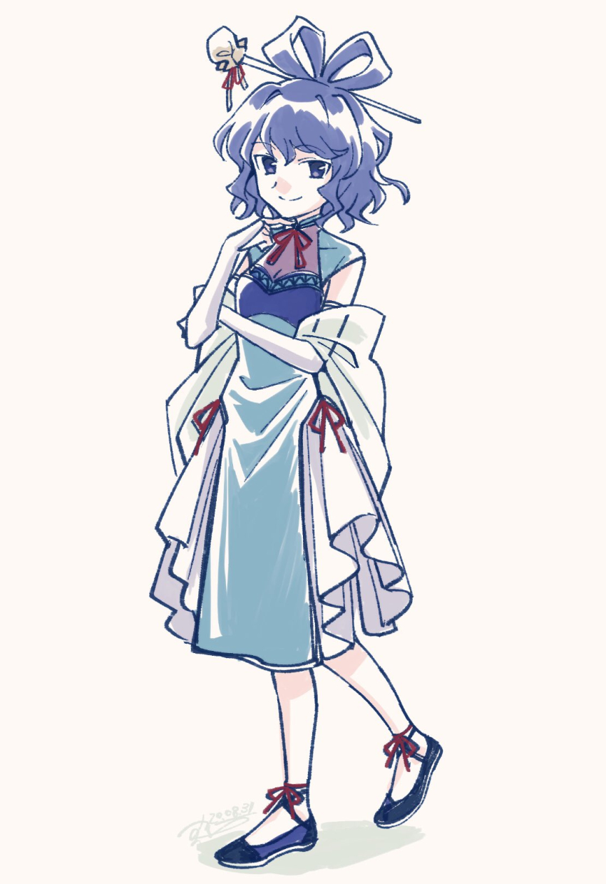 1girl adapted_costume black_footwear blue_dress blue_eyes blue_hair closed_mouth dress duplicate elbow_gloves fingerless_gloves full_body gloves hair_between_eyes hair_ornament hair_rings hair_stick highres kaku_seiga looking_at_viewer one-hour_drawing_challenge shikido_(khf) short_hair smile solo touhou white_gloves