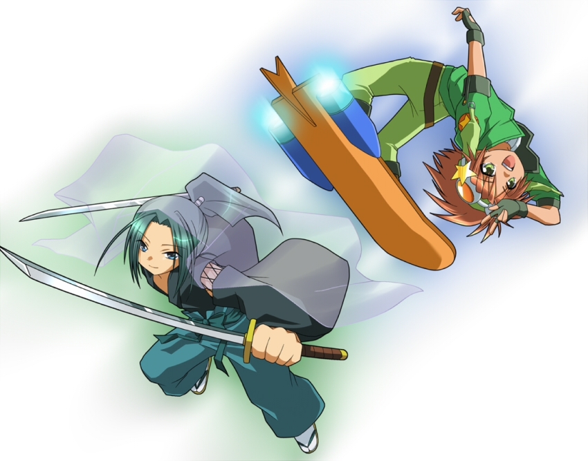 2boys blue_eyes closed_mouth fingerless_gloves full_body gloves green_eyes green_hair green_jacket green_pants high_ponytail jacket japanese_clothes long_hair looking_at_viewer male_focus multiple_boys official_style open_mouth orange_hair pants ponytail samurai_soul sanjou_kairi short_hair short_sleeves shugo_chara! skateboard sky_jack souma_kuukai take_no_ko v