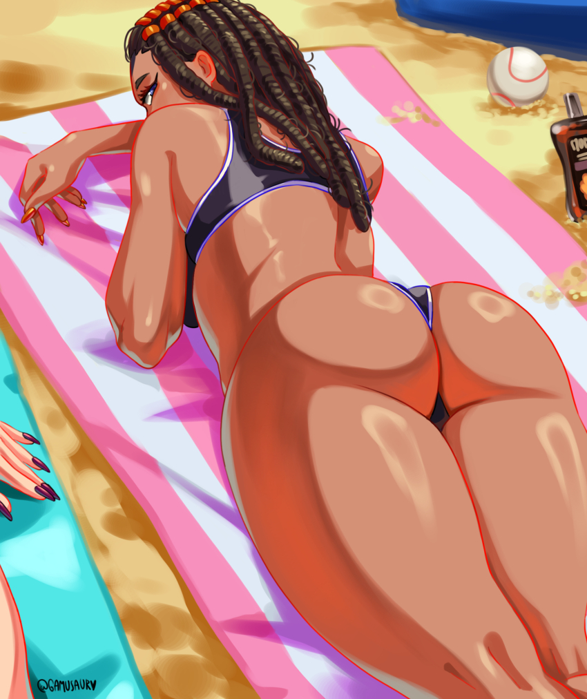 2girls absurdres alternate_costume ass ass_focus back ball beach beach_towel bikini black_bikini blue_eyes commentary dark-skinned_female dark_skin dreadlocks english_commentary ermes_costello fingernails from_behind gamusaur highres huge_ass jojo_no_kimyou_na_bouken long_hair looking_at_viewer looking_back lotion lying multiple_girls on_stomach outdoors purple_nails sand shiny_skin sports_bikini stone_ocean sunscreen swimsuit thick_thighs thighs towel volleyball_(object)
