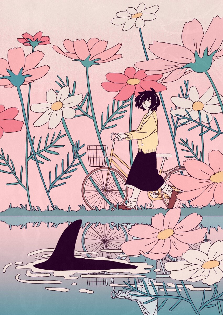 1girl flat_color flower highres leaf limited_palette long_sleeves mitsuki_sanagi no_nose original short_hair skirt solo standing