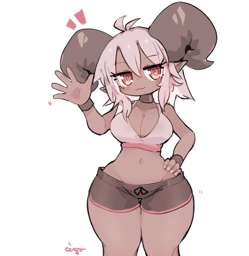 armband breasts brown_eyes ceroro choker cleavage dark-skinned_female dark_skin gym_shorts hand_on_own_hip hand_up highres horns looking_at_viewer medium_breasts pink_hair pointy_ears short_hair shorts shortstack sports_bra sportswear tagme wide_hips wristband