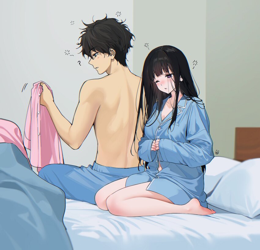 1boy 1girl ;o back bare_back bare_legs bed_sheet black_hair blanket blue_pajamas blue_pants blue_shirt blush borrowed_clothes breasts buttoning chitanda_eru headboard highres holding holding_shirt holding_unworn_clothes hyouka indoors kneeling large_breasts long_hair long_sleeves looking_ahead looking_at_object loose_hair_strand mery_(yangmalgage) messy_hair no_pants on_bed one_eye_closed oreki_houtarou own_hands_together pajamas pants pillow pink_pajamas pink_pants pink_shirt purple_eyes shirt sitting sleepy sleeves_past_wrists squeans straight_hair topless_male unworn_pants unworn_shirt very_long_hair waking_up wariza