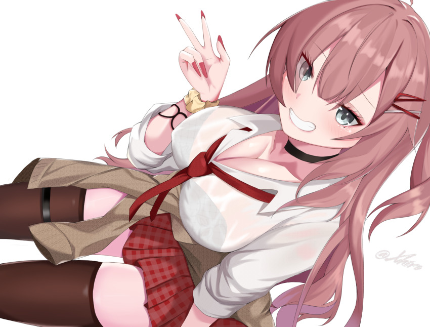 cardigan ciel_(counter:side) counter:side highres pink_hair see-through_clothes see-through_shirt shirt smile thighhighs xhiro