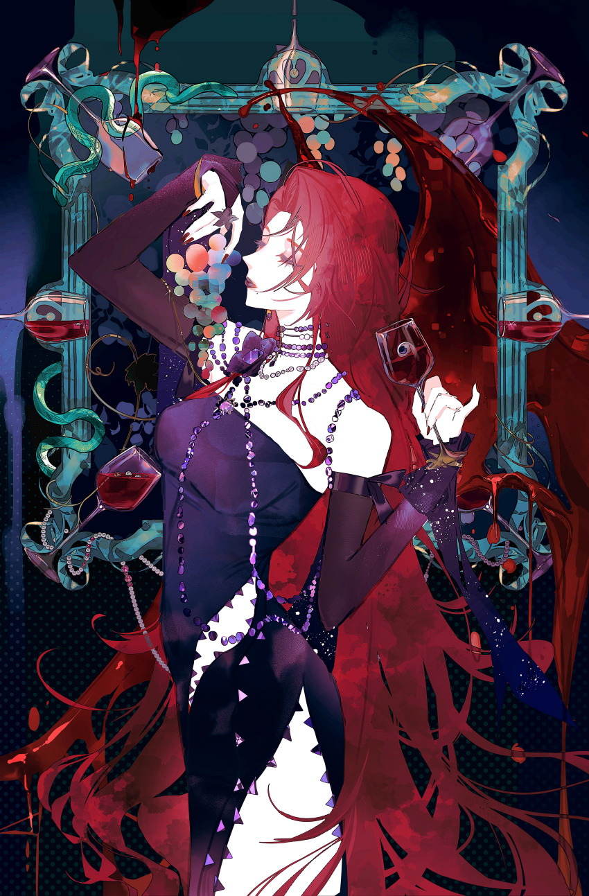 1girl absurdres ambiguous_red_liquid bare_shoulders black_dress black_sleeves breasts bridal_gauntlets cabernet_(path_to_nowhere) chinese_commentary closed_eyes commentary cowboy_shot cup detached_sleeves dress drinking_glass food from_side fruit gem grapes highres holding holding_food holding_fruit light176 long_hair medium_breasts mole mole_under_mouth multiple_necklaces nail_polish path_to_nowhere picture_frame pinky_out pout purple_gemstone red_hair red_nails red_wine side_slit solo strapless strapless_dress very_long_hair wine wine_glass