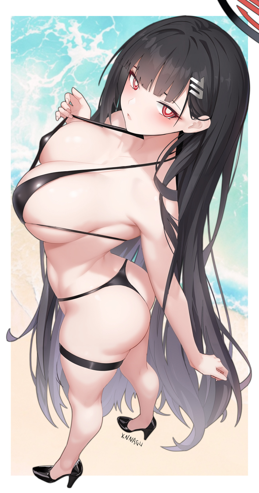 1girl absurdres alternate_costume ass bare_arms bare_legs bare_shoulders beach bikini black_bikini black_hair black_shoes blue_archive blunt_bangs blush breasts cleavage hair_behind_ear hair_ornament hairclip high_heels highres large_breasts long_hair looking_at_viewer ocean open_mouth red_eyes rio_(blue_archive) shoes sidelocks solo swimsuit thong_bikini very_long_hair xnnagu