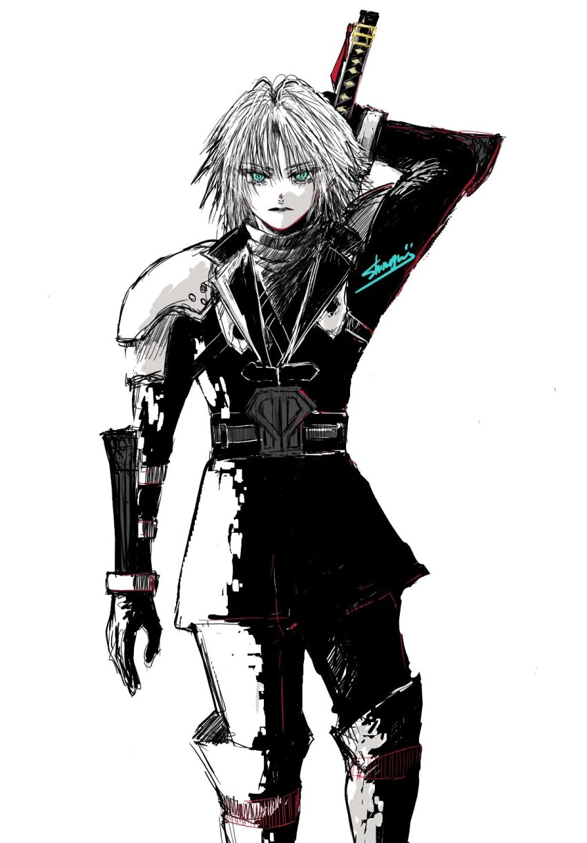 1boy aged_down armor black_coat black_gloves black_pants closed_mouth coat commentary_request feet_out_of_frame final_fantasy final_fantasy_vii final_fantasy_vii_ever_crisis gloves green_eyes grey_hair highres long_sleeves looking_at_viewer male_focus monochrome pants sephiroth sephiroth_(ever_crisis) shinogu_r short_hair shoulder_armor signature solo spot_color standing straight-on sweater sword sword_on_back turtleneck turtleneck_sweater weapon weapon_on_back white_background