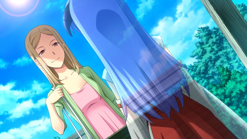 2girls bag blonde_hair brown_eyes day game_cg hanyuu higurashi_no_naku_koro_ni horns japanese_clothes long_hair looking_at_another matsuribayashi-hen miko multiple_girls official_art purple_hair rato shrine skirt sky smile spirit spoilers sunlight takano_miyo tree
