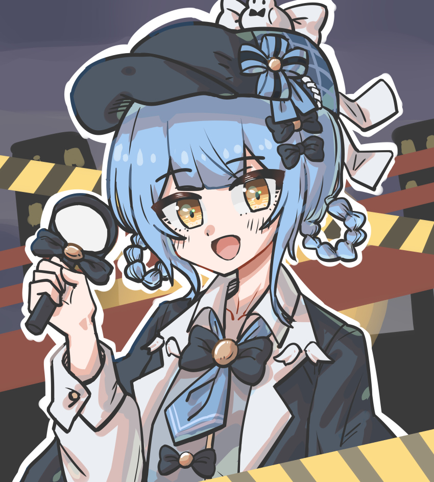 1girl :d absurdres black_bow black_capelet black_hat blue_hair blue_necktie bow braid braided_hair_rings capelet caution_tape deerstalker detective hair_bow hair_rings hand_up hat highres holding holding_magnifying_glass long_sleeves looking_at_viewer magnifying_glass mahou_shoujo_no_majo_saiban necktie open_mouth outline short_hair smile solo tachibana_sherry upper_body white_outline wu_shi_mi_mi yellow_eyes