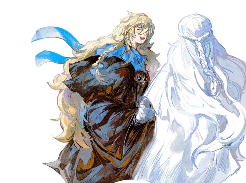 1boy 1girl ^_^ azem_(ff14) bandaged_hand bandages black_robe blonde_hair blue_scarf braid closed_eyes cowboy_shot final_fantasy final_fantasy_xiv half_up_half_down_braid highres long_hair mask mask_around_neck open_mouth robe scarf simple_background smile sophist&#039;s_robe_(ff14) temporoyales unworn_mask venat_(ff14) white_background white_robe