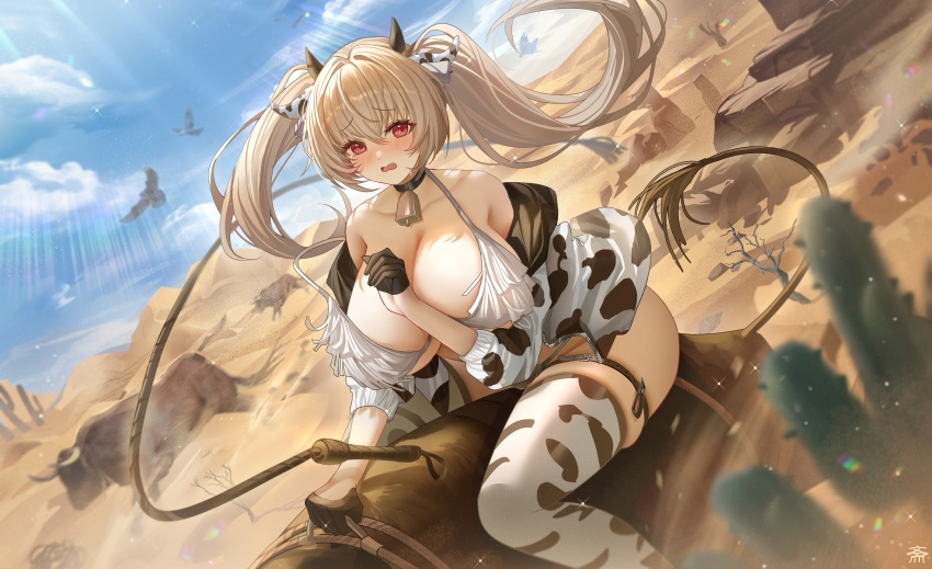 1girl absurdres animal_print azur_lane bare_shoulders bell bird black_choker black_gloves blush breasts brown_hair bull choker cleavage collarbone cow_horns cow_print cowbell day gloves half_gloves hand_up highres horns kersaint_(a_saint&#039;s_mercy_can_do_no_wrong)_(azur_lane) kersaint_(azur_lane) large_breasts long_hair long_sleeves looking_at_viewer neck_bell off_shoulder official_alternate_costume open_mouth outdoors red_eyes riding riding_animal solo tansuan_(ensj3875) thighhighs thighs twintails