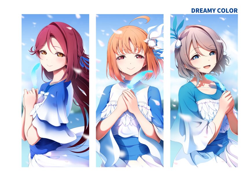 3girls ahoge amagi_(volfuji) blue_dress blue_eyes blue_sky blush brown_hair closed_mouth cloud cloudy_sky dot_nose dreamy_color_(love_live!) dress feathers from_side grey_hair hair_ornament highres long_hair long_sleeves looking_at_viewer loose_clothes love_live! love_live!_sunshine!! multiple_girls ocean open_mouth orange_hair outdoors own_hands_together red_eyes red_hair ribbon sakurauchi_riko short_hair simple_background sky smile takami_chika watanabe_you water wavy_hair white_background white_dress yellow_eyes
