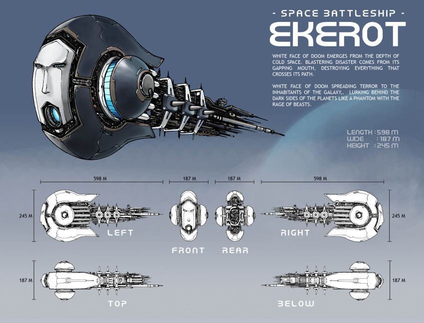 absurdres battlecruiser_(eve_online) reference_sheet commentary concept_art darth-iskander english_text eve_online from_side glowing highres military_vehicle multiple_views no_humans original science_fiction spacecraft vehicle_focus