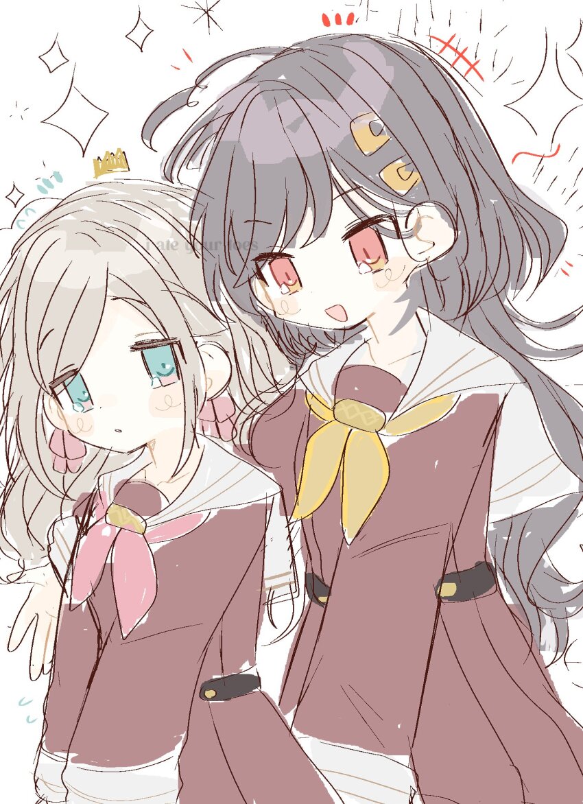 2girls :d black_hair blue_eyes blush brown_dress ceras_yanagida_lilienfeld col_person commentary cowboy_shot design_speculation dress grey_hair hair_ornament hair_ribbon hasu_no_sora_school_uniform highres katsuragi_izumi link!_like!_love_live! long_hair long_sleeves love_live! multiple_girls neckerchief open_mouth orange_eyes parted_lips pink_neckerchief pink_ribbon pleated_dress ribbon sailor_collar sailor_dress school_uniform simple_background slit_pupils smile sparkle swept_bangs triangle_hair_ornament wavy_hair white_background white_sailor_collar winter_uniform wolf_cut yellow_neckerchief