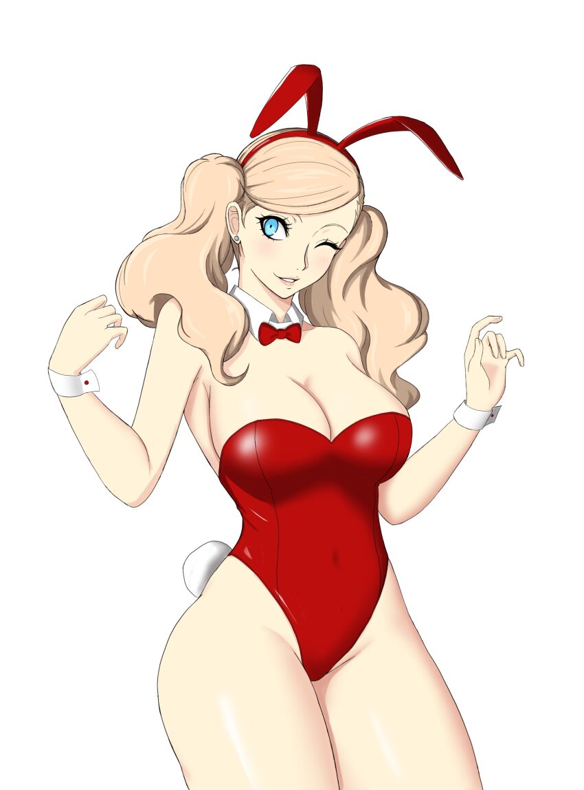 1girl absurdres alternate_costume animal_ear_hairband animal_ears bare_legs bare_shoulders blonde_hair blue_eyes bow bowtie breasts cleavage covered_navel cowboy_shot detached_collar earrings fake_animal_ears hair_ornament hairband hairclip hands_up highres jewelry large_breasts leotard long_hair nahone_peko one_eye_closed parted_lips persona persona_5 playboy_bunny rabbit_ear_hairband rabbit_ears rabbit_tail red_bow red_bowtie red_leotard simple_background solo stud_earrings tail takamaki_anne twintails wavy_hair white_background wrist_cuffs