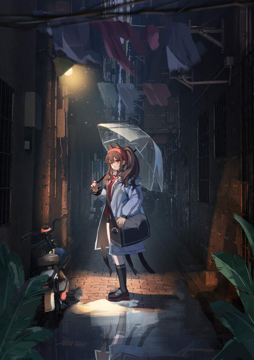 1girl absurdres alley angelina_(arknights) animal_ears arknights bag barred_window bicycle bicycle_basket black_collar black_shoes black_shorts black_socks blush brick_floor brown_hair chinese_commentary city coat collar commentary_request dot_nose fox_ears from_side full_body hair_intakes hairband highres holding holding_umbrella jacket kneehighs layered_shirt light_particles long_sleeves looking_at_viewer messenger_bag night open_clothes open_coat outdoors plant puddle red_eyes red_hairband red_jacket reflection reflective_water shoes short_shorts shorts shoulder_bag siyu_csy sneakers socks solo striped_clothes striped_hairband transparent transparent_umbrella twintails two-tone_hairband umbrella white_coat