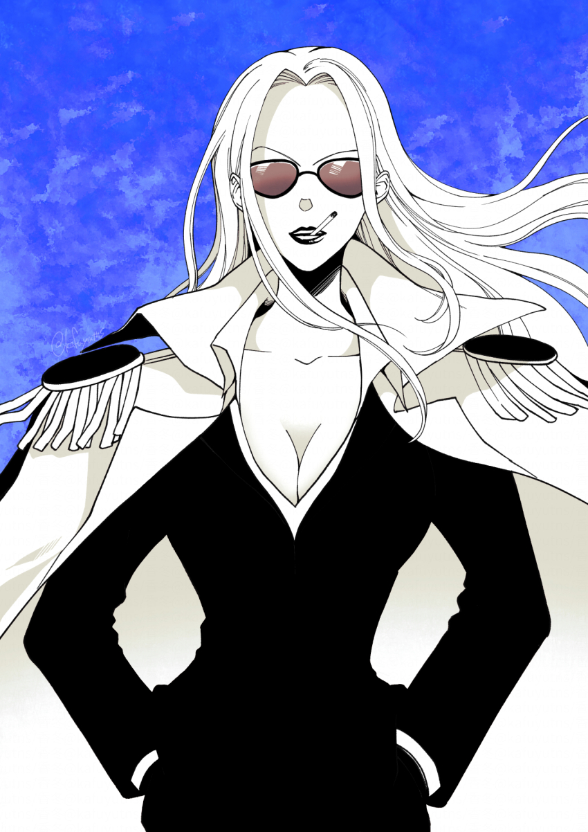 1girl blue_background breasts cigarette cleavage coat coat_on_shoulders collared_shirt cowboy_shot epaulettes floating_hair formal_clothes gloves greyscale_with_colored_background highres hina_(one_piece) kafuyutns long_hair looking_at_viewer one_piece shirt sidelocks simple_background solo suit sunglasses